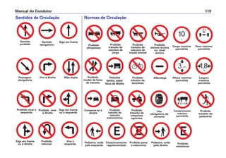 Proibido
mudar de faixa
de trânsito
Proibido
trânsito de
bicicletas
Alfândega Altura máxima
permitida
Largura
máxima
permitida
Veículos
lentos, usem
faixa da direita
Carga máxima
permitida
Peso máximo
permitido
Proibido
ultrapassar
Proibido
trânsito de
veículos de
carga
Proibido
trânsito de
veículos de
tração animal
Proibido
acionar buzina
ou sinal
sonoro
Manual do Condutor 119
Sentidos de Circulação Normas de Circulação
Sentido
proibido
Proibido virar à
esquerda
Sentido
obrigatório
Proibido virar
à direita
Siga em frente
Siga em frente
ou à esquerda
Passagem
obrigatória
Siga em frente
ou à direita
Vire à direita
Proibido
retornar
Mão dupla
Vire à
esquerda
Pedestre, ande
pela esquerda
Estacionamento
regulamentado
Proibido parar
e estacionar
Pedestre, ande
pela direita
Comprimento
máximo
permitido
Proibido
estacionar
Proibido
trânsito de
pedestres
Conserve-se à
direita
Proibido
trânsito de
veículos
automotores
Proibido
trânsito de
máquinas
agrícolas
Uso
obrigatório de
corrente
 