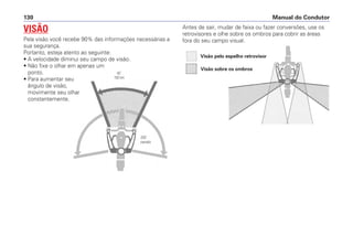 Antes de sair, mudar de faixa ou fazer conversões, use os
retrovisores e olhe sobre os ombros para cobrir as áreas
fora do seu campo visual.
Manual do Condutor
130
VISÃO
Pela visão você recebe 90% das informações necessárias a
sua segurança.
Portanto, esteja atento ao seguinte:
• A velocidade diminui seu campo de visão.
• Não fixe o olhar em apenas um
ponto.
• Para aumentar seu
ângulo de visão,
movimente seu olhar
constantemente.
Visão pelo espelho retrovisor
Visão sobre os ombros
45˚
100 km
200˚
parado
 