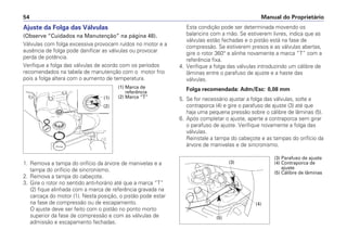 Manual do Proprietário
54
Ajuste da Folga das Válvulas
(Observe “Cuidados na Manutenção” na página 48).
Válvulas com folga excessiva provocam ruídos no motor e a
ausência de folga pode danificar as válvulas ou provocar
perda de potência.
Verifique a folga das válvulas de acordo com os períodos
recomendados na tabela de manutenção com o motor frio
pois a folga altera com o aumento de temperatura.
1. Remova a tampa do orifício da árvore de manivelas e a
tampa do orifício de sincronismo.
2. Remova a tampa do cabeçote.
3. Gire o rotor no sentido anti-horário até que a marca “T”
(2) fique alinhada com a marca de referência gravada na
carcaça do motor (1). Nesta posição, o pistão pode estar
na fase de compressão ou de escapamento.
O ajuste deve ser feito com o pistão no ponto morto
superior da fase de compressão e com as válvulas de
admissão e escapamento fechadas.
Esta condição pode ser determinada movendo os
balancins com a mão. Se estiverem livres, indica que as
válvulas estão fechadas e o pistão está na fase de
compressão. Se estiverem presos e as válvulas abertas,
gire o rotor 360° e alinhe novamente a marca “T” com a
referência fixa.
4. Verifique a folga das válvulas introduzindo um cálibre de
lâminas entre o parafuso de ajuste e a haste das
válvulas.
Folga recomendada: Adm/Esc: 0,08 mm
5. Se for necessário ajustar a folga das válvulas, solte a
contraporca (4) e gire o parafuso de ajuste (3) até que
haja uma pequena pressão sobre o cálibre de lâminas (5).
6. Após completar o ajuste, aperte a contraporca sem girar
o parafuso de ajuste. Verifique novamente a folga das
válvulas.
Reinstale a tampa do cabeçote e as tampas do orifício da
árvore de manivelas e de sincronismo.
(1) Marca de
referência
(2) Marca “T”
(1)
(2)
(3)
(4)
(5)
(3) Parafuso de ajuste
(4) Contraporca de
ajuste
(5) Cálibre de lâminas
 