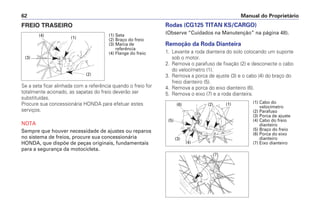 Rodas (CG125 TITAN KS/CARGO)
(Observe “Cuidados na Manutenção” na página 48).
Remoção da Roda Dianteira
1. Levante a roda dianteira do solo colocando um suporte
sob o motor.
2. Remova o parafuso de fixação (2) e desconecte o cabo
do velocímetro (1).
3. Remova a porca de ajuste (3) e o cabo (4) do braço do
freio dianteiro (5).
4. Remova a porca do eixo dianteiro (6).
5. Remova o eixo (7) e a roda dianteira.
Manual do Proprietário
62
FREIO TRASEIRO
Se a seta ficar alinhada com a referência quando o freio for
totalmente acionado, as sapatas do freio deverão ser
substituídas.
Procure sua concessionária HONDA para efetuar estes
serviços.
NOTA
Sempre que houver necessidade de ajustes ou reparos
no sistema de freios, procure sua concessionária
HONDA, que dispõe de peças originais, fundamentais
para a segurança da motocicleta.
(1) Seta
(2) Braço do freio
(3) Marca de
referência
(4) Flange do freio
(3)
(4)
(1)
(2)
(1) Cabo do
velocímetro
(2) Parafuso
(3) Porca de ajuste
(4) Cabo do freio
dianteiro
(5) Braço do freio
(6) Porca do eixo
dianteiro
(7) Eixo dianteiro
(1)
(2)
(3)
(4)
(5)
(6)
(7)
 