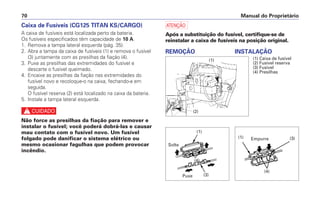 Manual do Proprietário
70
Caixa de Fusíveis (CG125 TITAN KS/CARGO)
A caixa de fusíveis está localizada perto da bateria.
Os fusíveis especificados têm capacidade de 10 A.
1. Remova a tampa lateral esquerda (pág. 35).
2. Abra a tampa da caixa de fusíveis (1) e remova o fusível
(3) juntamente com as presilhas da fiação (4).
3. Puxe as presilhas das extremidades do fusível e
descarte o fusível queimado.
4. Encaixe as presilhas da fiação nas extremidades do
fusível novo e recoloque-o na caixa, fechando-a em
seguida.
O fusível reserva (2) está localizado na caixa da bateria.
5. Instale a tampa lateral esquerda.
c
Não force as presilhas da fiação para remover e
instalar o fusível; você poderá dobrá-las e causar
mau contato com o fusível novo. Um fusível
folgado pode danificar o sistema elétrico ou
mesmo ocasionar fagulhas que podem provocar
incêndio.
a
Após a substituição do fusível, certifique-se de
reinstalar a caixa de fusíveis na posição original.
REMOÇÃO INSTALAÇÃO
Solte
Puxe
Empurre
(1)
(1)
(1)
(3)
(3)
(4)
(4)
(2)
(1) Caixa de fusível
(2) Fusível reserva
(3) Fusível
(4) Presilhas
 