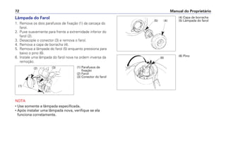 Manual do Proprietário
72
Lâmpada do Farol
1. Remova os dois parafusos de fixação (1) da carcaça do
farol.
2. Puxe suavemente para frente a extremidade inferior do
farol (2).
3. Desacople o conector (3) e remova o farol.
4. Remova a capa de borracha (4).
5. Remova a lâmpada do farol (5) enquanto pressiona para
baixo o pino (6).
6. Instale uma lâmpada do farol nova na ordem inversa da
remoção.
NOTA
• Use somente a lâmpada especificada.
• Após instalar uma lâmpada nova, verifique se ela
funciona corretamente.
(1) Parafusos de
fixação
(2) Farol
(3) Conector do farol
(2) (3)
(1)
(4) Capa de borracha
(5) Lâmpada do farol
(5) (4)
(6) Pino
(6)
 