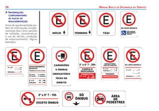 50

XX Informações
	 complementares
	 às placas de
	 regulamentação
Sinais de regulamentação podem ter informações complementares (tais como período
de validade, características
e uso do veículo, condições
de estacionamento). Alguns
exemplos:

Manual Básico

de

Segurança

no

Trânsito

 