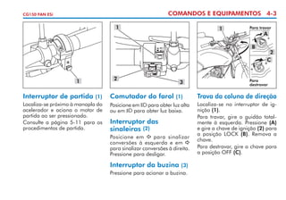 COMANDOS E EQUIPAMENTOS 4-3

CG150 FAN ESi

1

1

Para travar

A
B

1

Interruptor de partida

(1)
Localiza-se próximo à manopla do
acelerador e aciona o motor de
partida ao ser pressionado.
Consulte a página 5-11 para os
procedimentos de partida.

2

Comutador do farol

3
(1)

Posicione em
para obter luz alta
ou em
para obter luz baixa.

Interruptor das
sinaleiras (2)
Posicione em
para sinalizar
conversões à esquerda e em
para sinalizar conversões à direita.
Pressione para desligar.

Interruptor da buzina

(3)
Pressione para acionar a buzina.

2
C

Para
destravar

Trava da coluna de direção
Localiza-se no interruptor de ignição (1).
Para travar, gire o guidão totalmente à esquerda. Pressione (A)
e gire a chave de ignição (2) para
a posição LOCK (B). Remova a
chave.
Para destravar, gire a chave para
a posição OFF (C).

 