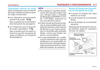 PILOTAGEM E FUNCIONAMENTO 5-7

CG150 FAN ESi

Capacidade máxima de carga
(peso do dispositivo para transporte
de carga instalado somado ao peso
da carga transportada)
	 com dispositivo para transporte
exclusivo de carga: 20 kg
	 (baú ou grelha que se sobrepõe à
área de assento do passageiro).


	 com dispositivo para transporte
de carga e passageiro: 7 kg
	 (baú ou grelha que não obstrui o
assento e permite transporte de
carga simultâneo ao transporte
de passageiro).


NOTA

	 Para assegurar o perfeito atendi­
mento dos requisitos legais, leia
com atenção todo o conteúdo
da Resolução CONTRAN no 219,
de 11/01/2007, disponível no
site www.denatran.gov.br.
	 A Moto Honda da Amazônia Ltda.
não se responsabiliza pela insta­
lação de acessórios não originais
de fábrica ou por danos causa­
dos à motocicleta pela utilização
destes, mesmo que fixados nos
pontos recomendados.
	 A responsabilidade por proble­
mas em acessórios não originais
de fábrica ou na motocicleta, em
decorrência da utilização destes,
caberá exclusivamente ao insta­
lador/fornecedor do acessório.


Pontos de fixação dos dispositivos de transporte de carga
	 4 pontos de fixação das alças
traseiras no chassi
	 eixo de fixação do amortecedor
direito
	 eixo de fixação do amortecedor
esquerdo
Dependendo do dispositivo de car­
ga utilizado, pode ser necessário
remover as rabetas.


Pontos de fixação
das alças traseiras
Fixação do
amortecedor direito

Arruela
lisa
Fixação do amortecedor
esquerdo

Porca

(Cont.)

 