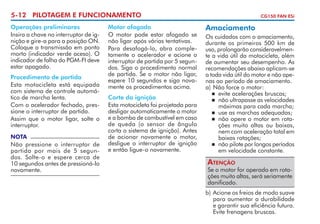 5-12 PILOTAGEM E FUNCIONAMENTO
Operações preliminares
Insira a chave no interruptor de ig­
nição e gire-a para a posição ON.
Coloque a transmissão em ponto
morto (indicador verde aceso). O
indicador de falha do PGM-FI deve
estar apagado.
Procedimento de partida
Esta motocicleta está equipada
com sistema de controle automá­
tico de marcha lenta.
Com o acelerador fechado, pres­
sione o interruptor de partida.
Assim que o motor ligar, solte o
interruptor.
NOTA

Não pressione o interruptor de
partida por mais de 5 segun­
dos. Solte-o e espere cerca de
10 segundos antes de pressioná-lo
novamente.

Motor afogado
O motor pode estar afogado se
não ligar após várias tentativas.
Para desafogá-lo, abra comple­
tamente o acelerador e acione o
interruptor de partida por 5 segun­
dos. Siga o procedimento normal
de partida. Se o motor não ligar,
espere 10 segundos e siga nova­
mente os procedimentos acima.
Corte da ignição
Esta motocicleta foi projetada para
desligar automaticamente o motor
e a bomba de combustível em caso
de queda (o sensor de ângulo
corta o sistema de ignição). Antes
de acionar novamente o motor,
desligue o interruptor de ignição
e então ligue-o novamente.

CG150 FAN ESi

Amaciamento
Os cuidados com o amaciamento,
durante os primeiros 500 km de
uso, prolongarão consideravelmen­
te a vida útil da motocicleta, além
de aumentar seu desempenho. As
recomendações abaixo aplicam-se
a toda vida útil do motor e não ape­
nas ao período de amaciamento.
a)	Não force o motor:
	 evite acelerações bruscas;
	 não ultrapasse as velocidades
máximas para cada marcha;
	 use as marchas adequadas;
	 não opere o motor em rota­
ções muito altas ou baixas,
nem com aceleração total em
baixas rotações;
	 não pilote por longos períodos
em velocidade constante.

Atenção

Se o motor for operado em rota­
ções muito altas, será seriamente
danificado.

b) 	 cione os freios de modo suave
A
para aumentar a durabilidade
e garantir sua eficiência futura.
Evite frenagens bruscas.

 