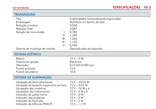 ESPECIFICAÇÕES 10-3

CG150 FAN ESi

TRANSMISSÃO	
	 Tipo 		
	 Embreagem	
	
	 Redução primária 		
	 Redução final 		
	 Relação de transmissão 	
I	
		
II 	
		
III 	
		
IV 	
		
V	
	 Sistema de mudança de marcha	
	

SISTEMA ELÉTRICO		
	
	
	
	
	

Bateria	
	
Sistema de ignição 		
Alternador 		
Fusível principal 		
Fusível secundário		

SISTEMA DE ILUMINAÇÃO		
	
	
	
	
	
	
	
	

Lâmpada do farol (alto/baixo) 		
Lâmpada da lanterna traseira/luz do freio	
Lâmpadas das sinaleiras 		
Lâmpadas dos instrumentos		
Indicador do ponto morto 		
Indicador das sinaleiras	
	
Indicador do farol alto 		
Indicador de falha do PGM-FI 		

5 velocidades constantemente engrenadas 	
Multidisco em banho de óleo 	
3,350
2,687
2,785 	
1,789 	
1,350 	
1,120 	
0,958 	
Operado pelo pé esquerdo 	

	
12 V – 5 Ah
Eletrônica	
0,12 kW/5.000 rpm 	
15 A 	
10 A

	
12 V – 35/35 W 	
12 V – 5/21 W
12 V – 16 W x 4	
12 V – 2 W x 2
12 V – 3 W 	
12 V – 3 W 	
12 V – 3 W
12 V – 1,7 W	

 