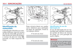 10-4 ESPECIFICAÇÕES

CG150 FAN ESi

1

3
2

Identificação da
motocicleta
A identificação oficial de sua motocicleta é feita por meio do número
de série do chassi (1), gravado no
lado direito da coluna de direção,
e número de série do motor (2),
gravado no lado esquerdo do
motor.

Esses números devem ser usados
como referência para solicitação
de peças de reposição. Anote-os
nos espaços abaixo.
o

N de série do chassi

o

N de série do motor

Identificação do ano de
fabricação (3)
O ano de fabricação de sua motocicleta está indicado à esquerda
do sentido de leitura do número
de chassi, em uma gravação de
quatro dígitos.

Atenção

A gravação do ano de fabricação
faz parte da identificação oficial
do modelo (resolução CONTRAN
no 024/98).	

 