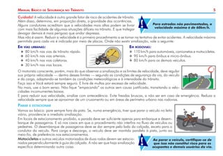 Manual Básico

de

Segurança

no

Trânsito

5

Cuidado! A velocidade é outro grande fator de risco de acidentes de trânsito.
Além disso, determina, em proporção direta, a gravidade das ocorrências.
Para estradas não pavimentadas, a
Alguns condutores acreditam que a velocidades mais altas podem se livrar
velocidade máxima é de 60km/h.
com mais facilidade de algumas situações difíceis no trânsito. E que trafegar
devagar demais é mais perigoso que andar depressa.
Mas não é assim. Reduzir a velocidade é o primeiro procedimento a se tomar na tentativa de evitar acidentes. A velocidade máxima
permitida para cada via é indicada por meio de placas. Onde não existir sinalização, vale o seguinte:

!

Em

vias urbanas:	Em rodovias:

XX
XX
XX
XX

80 km/h nas vias de trânsito rápido.	
60 km/h nas vias arteriais.	
40 km/h nas vias coletoras.	
30 km/h nas vias locais.

	
110 km/h para automóveis, camionetas e motocicletas.
	 km/h para ônibus e micro-ônibus.
90
	 km/h para os demais veículos.
80

O motorista consciente, porém, mais do que observar a sinalização e os limites de velocidade, deve regular
sua própria velocidade — dentro desses limites — segundo as condições de segurança da via, do veículo
e da carga, adaptando-se também às condições meteorológicas e à intensidade do trânsito.
Faça isso e Você estará sempre seguro. E livre de multas por excesso de velocidade.
No mais, use o bom senso. Não fique “empacando” os outros sem causa justificada, transitando a velocidades incomumentes baixas.
E para reduzir sua velocidade, sinalize com antecedência. Evite freadas bruscas, a não ser em caso de emergência. Reduza a
velocidade sempre que se aproximar de um cruzamento ou em áreas de perímetro urbano nas rodovias.

Parar

e estacionar

Vamos ao básico: pare sempre fora da pista. Se, numa emergência, tiver que parar o veículo no leito
viário, providencie a imediata sinalização.
Em locais de estacionamento proibido, a parada deve ser suficiente apenas para embarque e desembarque de passageiros. E só nos casos em que o procedimento não interfira no fluxo de veículos ou
pedestres. O desembarque de passageiros deve se dar sempre pelo lado da calçada, exceto para o
condutor do veículo. Para carga e descarga, o veículo deve ser mantido paralelo à pista, junto ao
meio-fio, de preferência nos estacionamentos.
Motocicletas e outros veículos motorizados de duas rodas devem ser estacioAo parar o veículo, certifique-se de
nados perpendicularmente à guia da calçada. A não ser que haja sinalização
que isso não constitui risco para os
específica determinando outra coisa.
ocupantes e demais usuários da via.

!

 