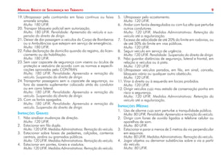 Manual Básico

de

Segurança

no

Trânsito

19.	Ultrapassar pela contramão em faixa contínua ou faixa
amarela simples.
	 Multa: 180 UFIR.
20. Transpor bloqueio policial sem autorização.
	 Multa: 180 UFIR. Penalidade: Apreensão do veículo e suspensão do direito de dirigir.
21. Deixar de dar passagem a veículos do Corpo de Bombeiros
ou a Ambulâncias que estejam em serviço de emergência.
	 Multa: 180 UFIR.
22.	Falsa declaração de domicílio quando do registro, do licenciamento ou da habilitação.
	 Multa: 180 UFIR.
23.	Sem usar capacete de segurança com viseira ou óculos de
proteção e vestuário de acordo com as normas e especificações aprovadas pelo CONTRAN.
	 Multa: 180 UFIR. Penalidade: Apreensão e remoção do
veículo. Suspensão do direito de dirigir.
24.	Transportar passageiro sem o capacete de segurança, ou
fora do assento suplementar colocado atrás do condutor
ou em carro lateral.
	 Multa: 180 UFIR. Penalidade: Apreensão e remoção do
veículo. Suspensão do direito de dirigir.
25.	Com os faróis apagados.
	 Multa: 180 UFIR. Penalidade: Apreensão e remoção do
veículo. Suspensão do direito de dirigir.

Infrações Graves
1. 	 Não sinalizar mudanças de direção.
	 Multa: 120 UFIR.
2. 	 Estacionar em fila dupla.
	 Multa: 120 UFIR. Medidas Administrativas: Remoção do veículo.
3. 	 Estacionar sobre faixas de pedestres, calçadas, canteiros
centrais, jardins ou gramados públicos.
	 Multa: 120 UFIR. Medidas Administrativas: Remoção do veículo.
4. 	 Estacionar em pontes, túneis e viadutos.
	 Multa: 120 UFIR. Medidas Administrativas: Remoção do veículo.

9
5. 	 Ultrapassar pelo acostamento.
	 Multa: 120 UFIR.
6. 	 Andar com faróis desregulados ou com luz alta que perturbe
outros condutores.
	 Multa: 120 UFIR. Medidas Administrativas: Retenção do
veículo até a regularização.
7. 	 Excesso de velocidade de até 20% do limite em rodovias, ou
de até 50% do limite em vias públicas.
	 Multa: 120 UFIR.
8. 	 Seguir veículo em serviço de urgência.
	 Multa: 120 UFIR. Penalidade: Suspensão do direito de dirigir.
9. 	 Não guardar distâncias de segurança, lateral e frontal, em
relação a veículos ou à pista.
	 Multa: 120 UFIR.
10.	Ultrapassar veículos parados, em fila, em sinal, cancela,
bloqueio viário ou qualquer outro obstáculo.
	 Multa: 120 UFIR.
11.	Virar à direita ou à esquerda em locais proibidos.
	 Multa: 120 UFIR.
12.	Dirigir veículos cujo mau estado de conservação ponha em
risco a segurança.
	 Multa: 120 UFIR. Medidas Administrativas: Retenção do
veículo até a regularização.

Infrações Médias

1. 	 Uso de alarme cujo som perturbe a tranquilidade pública.
	 Multa: 80 UFIR. Penalidade: Apreensão e remoção do veículo.
2. 	 Dirigir com fones de ouvido ligados a telefone celular ou
aparelhos de som.
	 Multa: 80 UFIR.
3. 	 Estacionar e parar a menos de 5 metros da via perpendicular
em esquinas.
	 Multa: 80 UFIR. Medidas Administrativas: Remoção do veículo.
4. 	 Jogar objetos ou derramar substâncias sobre a via a partir
do veículo.
	 Multa: 80 UFIR.

 