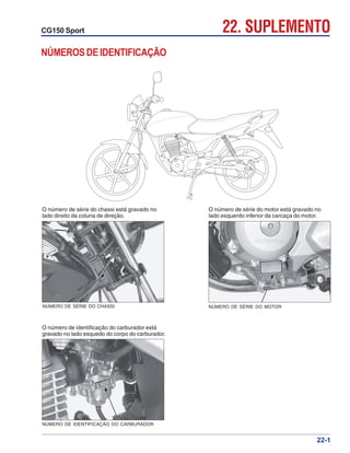 CG150 Sport
22-1
22. SUPLEMENTO
NÚMEROSDEIDENTIFICAÇÃO
O número de série do chassi está gravado no
lado direito da coluna de direção.
NÚMERO DE SÉRIE DO CHASSI
O número de série do motor está gravado no
lado esquerdo inferior da carcaça do motor.
NÚMERO DE SÉRIE DO MOTOR
O número de identificação do carburador está
gravado no lado esquedo do corpo do carburador.
NÚMERO DE IDENTIFICAÇÃO DO CARBURADOR
 