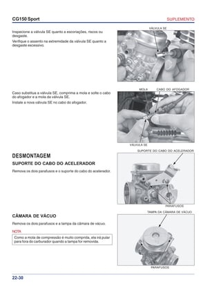 SUPLEMENTOCG150 Sport
22-30
Inspecione a válvula SE quanto a escoriações, riscos ou
desgaste.
Verifique o assento na extremidade da válvula SE quanto a
desgaste excessivo.
CABO DO AFOGADOR
Caso substitua a válvula SE, comprima a mola e solte o cabo
do afogador e a mola da válvula SE.
Instale a nova válvula SE no cabo do afogador.
VÁLVULA SE
VÁLVULA SE
MOLA
DESMONTAGEM
SUPORTE DO CABO DO ACELERADOR
Remova os dois parafusos e o suporte do cabo do acelerador.
SUPORTE DO CABO DO ACELERADOR
PARAFUSOS
CÂMARA DE VÁCUO
Remova os dois parafusos e a tampa da câmara de vácuo.
NOTA
Como a mola de compressão é muito comprida, ela irá pular
para fora do carburador quando a tampa for removida.
TAMPA DA CÂMARA DE VÁCUO
PARAFUSOS
 
