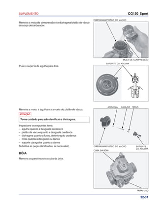 SUPLEMENTO CG150 Sport
22-31
Remova a mola, a agulha e a arruela do pistão de vácuo.
Remova a mola de compressão e o diafragma/pistão de vácuo
do corpo do carburador.
DIAFRAGMA/PISTÃO DE VÁCUO
Puxe o suporte da agulha para fora.
SUPORTE DA AGULHA
MOLA DE COMPRESSÃO
ATENÇÃO
Tome cuidado para não danificar o diafragma.
Inspecione os seguintes itens:
– agulha quanto a desgaste excessivo
– pistão de vácuo quanto a desgaste ou danos
– diafragma quanto a furos, deterioração ou danos
– mola quanto a desgaste ou danos
– suporte da agulha quanto a danos
Substitua as peças danificadas, se necessário.
ARRUELA AGULHA MOLA
SUPORTE
DA AGULHA
DIAFRAGMA/PISTÃO DE VÁCUO
BÓIA
Remova os parafusos e a cuba da bóia.
PARAFUSO
CUBA DA BÓIA
 