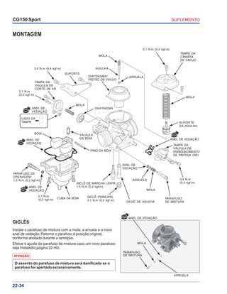 SUPLEMENTOCG150 Sport
22-34
MONTAGEM
GICLÊS
Instale o parafuso de mistura com a mola, a arruela e o novo
anel de vedação.Retorne o parafuso à posição original,
conforme anotado durante a remoção.
Efetue o ajuste do parafuso de mistura caso um novo parafuso
seja instalado (página 22-40).
PARAFUSO
DE MISTURA
MOLA
ARRUELA
ATENÇÃO
O assento do parafuso de mistura será danificado se o
parafuso for apertado excessivamente.
TAMPA DA
VÁLVULA DE
CORTE DE AR
3,4 N.m (0,4 kgf.m)
SUPORTE
DIAFRAGMA/
PISTÃO DE VÁCUO
AGULHA
MOLA
ARRUELA
2,1 N.m (0,2 kgf.m)
TAMPA DA
CÂMARA
DE VÁCUO
MOLA
SUPORTE
DA AGULHA
TAMPA DA
VÁLVULA DE
ENRIQUECIMENTO
DE PARTIDA (SE)
3,4 N.m
(0,4 kgf.m)
PARAFUSO
DE MISTURA
MOLA
ARRUELA
ANEL DE
VEDAÇÃO
GICLÊ DE AGULHA
GICLÊ PRINCIPAL
2,1 N.m (0,2 kgf.m)
GICLÊ DE MARCHA LENTA
1,5 N.m (0,2 kgf.m)
PINO DA BÓIA
VÁLVULA
DA BÓIA
DIAFRAGMA
MOLA
CUBA DA BÓIA
2,1 N.m
(0,2 kgf.m)
PARAFUSO DE
DRENAGEM
1,5 N.m (0,2 kgf.m)
ANEL DE
VEDAÇÃO
BÓIA
LADO DA
TAMPA
ANEL DE
VEDAÇÃO
2,1 N.m
(0,2 kgf.m)
NOVO
NOVO
NOVO
NOVO
NOVO
ANEL DE
VEDAÇÃO
ANEL DE VEDAÇÃO
ANEL DE VEDAÇÃO
 