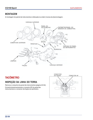 SUPLEMENTOCG150 Sport
22-54
MONTAGEM
A montagem do painel de instrumentos é efetuada na ordem inversa da desmontagem.
TACÔMETRO
INSPEÇÃO DA LINHA DO TERRA
Remova o conjunto do painel de instrumentos (página 22-52).
Conecte temporariamente o conector 9P do painel de
instrumentos e o conector da fiação do tacômetro.
CONECTOR
DA FIAÇÃO CONECTOR 9P
COBERTURA SUPERIOR
CARCAÇA SUPERIOR
PAINEL DO
VELOCÍMETRO TACÔMETRO/PAINEL DO
MEDIDOR DE COMBUSTÍVEL
CARCAÇA DO PAINEL
DE INSTRUMENTOS
BORRACHA
CARCAÇA INFERIOR
BOTÃO
PARAFUSO
FIAÇÃO
LÂMPADA
 