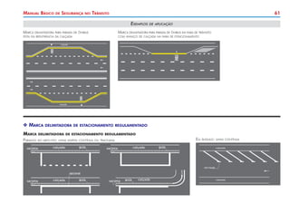 61Manual Básico de Segurança no Trânsito
XX Marca delimitadora de estacionamento regulamentado
Marca delimitadora para parada de ônibus em faixa de trânsito
com avanço de calçada na faixa de estacionamento
Marca delimitadora para parada de ônibus
feita em reentrância da calçada
Exemplos de aplicação
Marca delimitadora de estacionamento regulamentado
Paralelo ao meio-fio: linha simples contínua ou tracejada Em ângulo: linha contínua
 