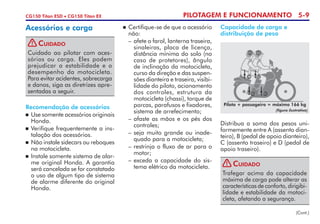 PILOTAGEM E FUNCIONAMENTO 5-9CG150 Titan ESD • CG150 Titan EX
Recomendação de acessórios
	 Use somente acessórios originais
Honda.
	Verifique frequentemente a ins-
talação dos acessórios.
	 Não instale sidecars ou reboques
na motocicleta.
	 Instale somente sistema de alar-
me original Honda. A garantia
será cancelada se for constatado
o uso de algum tipo de sistema
de alarme diferente do original
Honda.
Acessórios e carga 	 Certifique-se de que o acessório
não:
–	 afete o farol, lanterna traseira,
sinaleiras, placa de licen­ça,
distância mínima do solo (no
caso de protetores), ângulo
de inclinação da moto­cicleta,
curso da direção e das suspen-
sões dianteira e traseira, visibi-
lidade do piloto, acio­na­­mento
dos controles, estrutura da
motocicleta (chassi), torque de
porcas, parafusos e fixadores,
sistema de arrefe­ci­mento;
–	afaste as mãos e os pés dos
controles;
–	seja muito grande ou inade-
quado para a motocicleta;
–	restrinja o fluxo de ar para o
motor;
–	exceda a capacidade do sis­
tema elétrico da motocicleta.
Capacidade de carga e
distribuição de peso
Distribua a soma dos pesos uni-
formemente entre A (assento dian­
teiro), B (pedal de apoio dian­teiro),
C (assento traseiro) e D (pedal de
apoio traseiro).
Piloto + passageiro = máximo 166 kg
(figura ilustrativa)
(Cont.)
Cuidado ao pilotar com aces-
sórios ou carga. Eles podem
prejudicar a estabilidade e o
desempenho da motocicleta.
Para evitar acidentes, sobrecarga
e danos, siga as diretrizes apre-
sentadas a seguir.
Cuidado!
Trafegar acima da capacidade
máxima de carga pode alterar as
características de conforto, diri­gibi­
lidade e estabilidade da motoci-
cleta, afetando a segurança.
Cuidado!
 