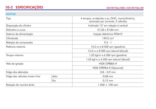10-2 ESPECIFICAÇÕES CG150 Titan ESD • CG150 Titan EX
MOTOR
Tipo 4 tempos, arrefecido a ar, OHC, monocilíndrico,
acionado por corrente, 2 válvulas
Disposição do cilindro Inclinado 15° em relação à vertical
Diâmetro e curso 57,30 x 57,84 mm
Sistema de alimentação Injeção eletrônica PGM-FI
Cilindrada 149,2 cm3
Relação de compressão 9,5 : 1
Potência máxima 14,2 cv a 8.500 rpm (gasolina)
14,3 cv a 8.500 rpm (etanol (álcool))
Torque máximo 1,32 kgf.m a 6.500 rpm (gasolina)
1,45 kgf.m a 6.500 rpm (etanol (álcool))
Vela de ignição NGK CPR8EA-9
NGK CPR9EA-9 (Opcional)
Folga dos eletrodos 0,8 – 0,9 mm
Folga das válvulas (motor frio) Adm 0,08 mm
Esc 0,12 mm
Rotação de marcha lenta 1.400 ± 100 rpm
 