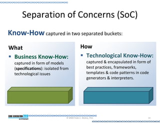 Separation of Concerns (SoC)
Know-How captured in two separated buckets:
What                                        How
 Business Know-How:                           Technological Know-How:
  captured in form of models                      captured & encapsulated in form of
  (specifications): isolated from                 best practices, frameworks,
  technological issues                            templates & code patterns in code
                                                  generators & interpreters.




                               © MMX Pedro J. Molina, PhD.                        14
 