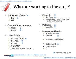 Who are working in the area?
Eclipse EMF/GMF                               Microsoft
  IBM                                                 DSL Tools
                                                      OSLO (rebranded to Microsoft
  SAP                                                 SQL Server Modeling)

OpenArchitectureware                          MetaCase
  XText                                               MetaEdit+
  Itemis                                      Language workbenches
                                                      Jetbrains MPS
xUML / MDA                                            Spoofax
  Kennedy Carter
                                                      Intentional Workbench
  Blue Age
  Artisan                                             Code Fluent
  AndroMDA                                            Many more
  Olivanova Model Execution                           …
                                                                    Presenting at CG2010

                        © MMX Pedro J. Molina, PhD.                                    36
 