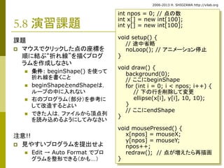2006-2013 H. SHIOZAWA http://vilab.org 
9 
5.8 演習課題 
課題 
 マウスでクリックした点の座標を 
順に結ぶ“折れ線”を描くプログ 
ラムを作成しなさい 
 条件： beginShape() を使って 
折れ線を書くこと 
 beginShapeとendShapeは， 
ループの中に入れない 
 右のプログラム（部分）を参考に 
して改造するとよい 
 できた人は，ファイルから頂点列 
を読み込めるようにしてみなさい 
注意!! 
 見やすいプログラムを提出せよ 
 Edit → Auto Format でプロ 
グラムを整形できる（かも…） 
int npos = 0; // 点の数 
int x[] = new int[100]; 
int y[] = new int[100]; 
void setup() { 
// 途中省略 
noLoop(); // アニメーション停止 
} 
void draw() { 
background(0); 
// ここにbeginShape 
for (int i = 0; i < npos; i++) { 
// 下の行を削除して変更 
ellipse(x[i], y[i], 10, 10); 
} 
// ここにendShape 
} 
void mousePressed() { 
x[npos] = mouseX; 
y[npos] = mouseY; 
npos++; 
redraw(); // 点が増えたら再描画 
} 
