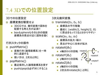 2006-2013 H. SHIOZAWA http://vilab.org 
rotateX 
5 
7.4 3Dでの位置設定 
3Dでの位置設定 
 座標変換を駆使せよ 
 3DCGでは，幾何変換で図形を 
配置する考え方が必須!! 
 boxもsphereもそのときの描画 
座標系の原点付近に図形を描く 
行列スタックの操作 
 pushMatrix() 
 変換行列（論理座標系）を一時 
的に退避する 
 使い方は，2次元と同じ 
 popMatrix() 
 最近保存した論理座標系を戻す 
 pushとpopは必ず対にすること 
3次元幾何変換 
 translate(tx, ty, tz) 
 座標系の平行移動 
 最初に(width/2, height/2, 0) 
に原点をもってくると分かりやすい 
 scale(sx, sy, sz) 
 座標系の拡大・縮小 
 原点が中心に全体が拡大 
 rotateX(θx) 
 x軸まわりの回転 
 rotateY(θy) 
 y軸まわりの回転 
 rotateZ(θz) 
 z軸まわりの回転 
 2次元のrotate(θz) と同じ 
x 
z 
y 
rotateZ 
rotateY 
 