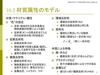 2006-2013 H. SHIOZAWA http://vilab.org 
4 
10.3 材質属性のモデル 
材質（マテリアル）属性 
 “色”の設定 
 反射・吸収される光の波長は， 
物体表面の材質によって違う 
 反射率（K）＝白色光を当てたと 
きの反射光の色（RGB成分） 
 拡散反射色 
 拡散反射率（Kd） 
 物体表層で何度も透過・屈折し， 
拡散して反射する光への着色 
 通常の意味での物体の色 
 鏡面反射色 
 鏡面反射率（Ks） 
 物体表面の分子でほぼ完全に 
反射する光で，着色が少ない 
 金属光沢，ハイライト，つや 
 環境反射色 
 環境光の反射率（Ka） 
 通常は拡散反射色と同じ色 
 放射光 
 電球など発光している物体 
 周囲に関係なく一定の色（Ke） 
I  Ke　（常に一定の色） 
材質による特徴 
 紙・木など 
 鏡面反射（光沢）がほとんどない 
 プラスチックなど 
 若干の鏡面反射によるつやがある 
 金属など 
 強く白っぽい鏡面反射（Ks≠Kd） 
 