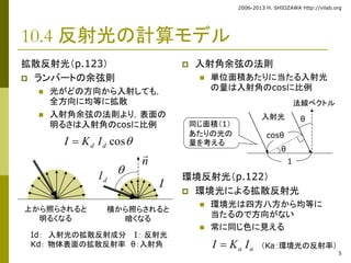 2006-2013 H. SHIOZAWA http://vilab.org 
5 
10.4 反射光の計算モデル 
拡散反射光（p.123） 
 ランバートの余弦則 
 光がどの方向から入射しても， 
全方向に均等に拡散 
 入射角余弦の法則より，表面の 
明るさは入射角のcosに比例 
 入射角余弦の法則 
 単位面積あたりに当たる入射光 
の量は入射角のcosに比例 
環境反射光（p.122） 
 環境光による拡散反射光 
 環境光は四方八方から均等に 
当たるので方向がない 
 常に同じ色に見える 
a a I  K I （Ka：環境光の反射率） 
cos d d I  K I 
d I 
I 
 
n 
 
上から照らされると 
明るくなる 
横から照らされると 
暗くなる 
Id： 入射光の拡散反射成分I： 反射光 
Kd： 物体表面の拡散反射率θ：入射角 
θ 
θ 
法線ベクトル 
入射光 
cosθ 
1 
同じ面積（1） 
あたりの光の 
量を考える 
 