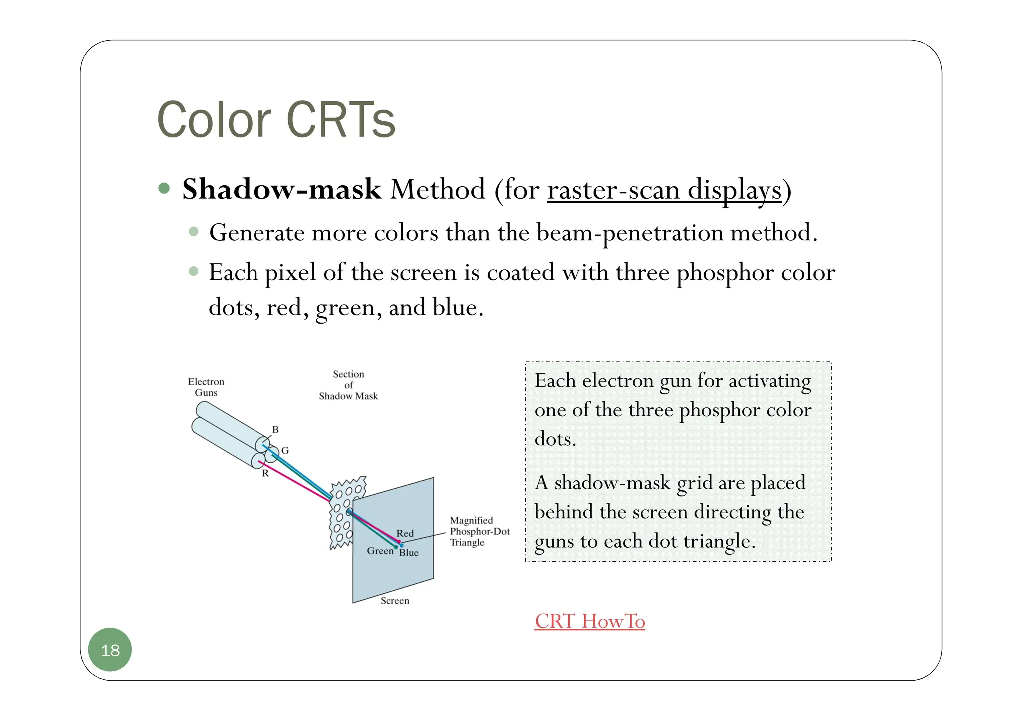 Color CRTs
 Shadow-mask Method (for raster-scan displays)
 Generate more colors than the beam-penetration method.
 Each pixel of the screen is coated with three phosphor color
dots, red, green, and blue.
18
Each electron gun for activating
one of the three phosphor color
dots.
A shadow-mask grid are placed
behind the screen directing the
guns to each dot triangle.
CRT HowTo
 