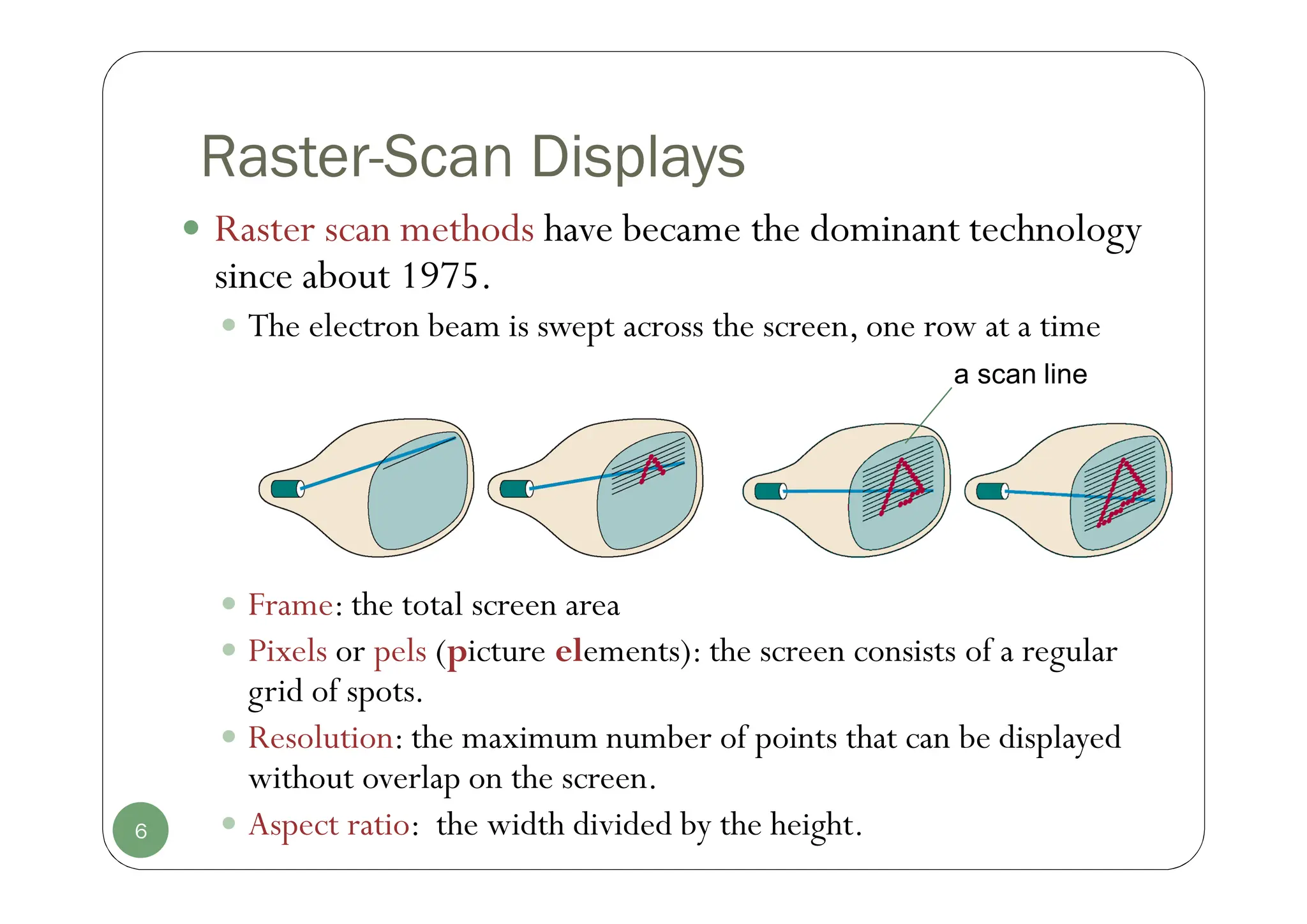 Raster-Scan Displays
 Raster scan methods have became the dominant technology
since about 1975.
 The electron beam is swept across the screen, one row at a time
 Frame: the total screen area
 Pixels or pels (picture elements): the screen consists of a regular
grid of spots.
 Resolution: the maximum number of points that can be displayed
without overlap on the screen.
 Aspect ratio: the width divided by the height.
6
a scan line
 