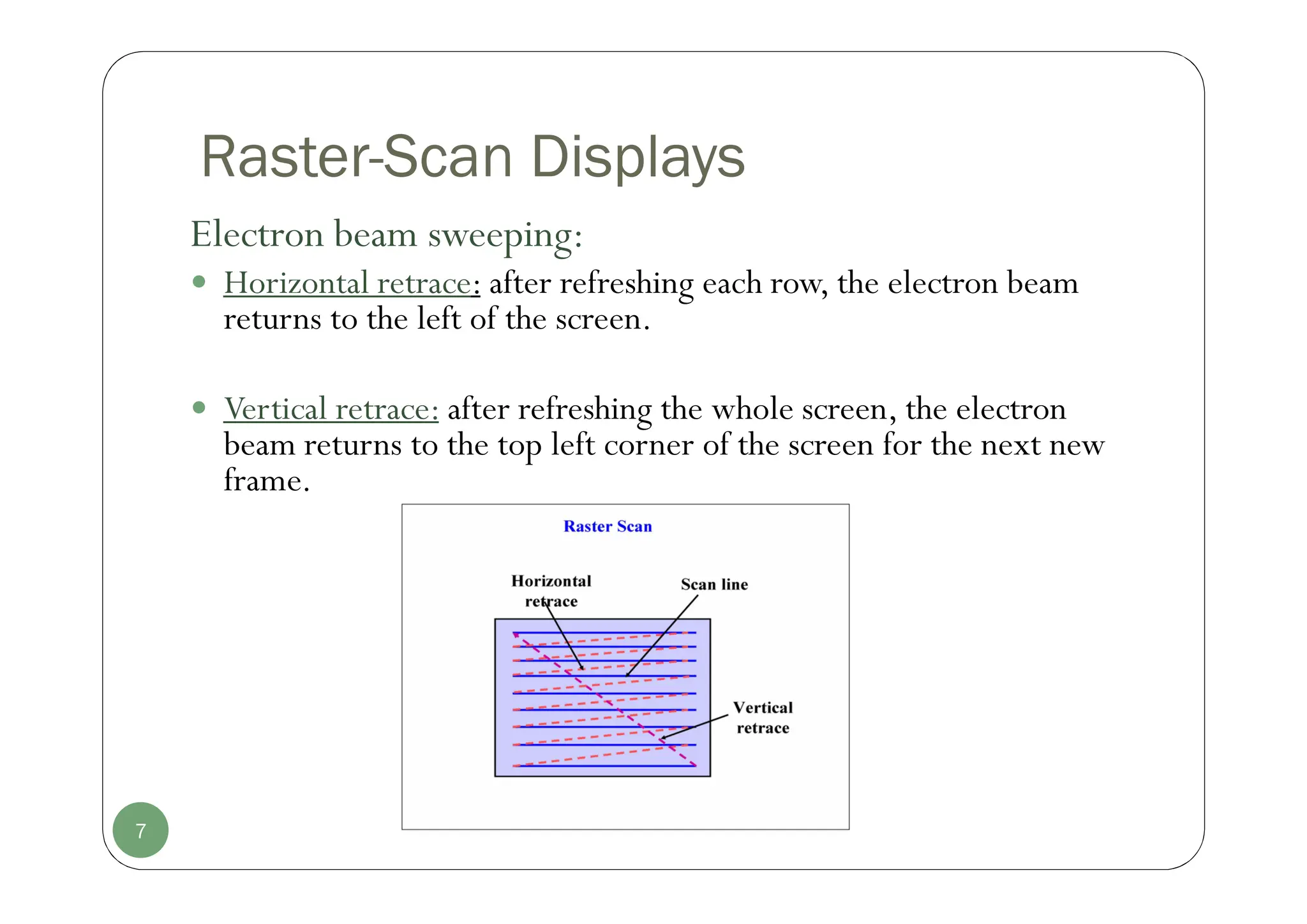 Raster-Scan Displays
Electron beam sweeping:
 Horizontal retrace: after refreshing each row, the electron beam
returns to the left of the screen.
 Vertical retrace: after refreshing the whole screen, the electron
beam returns to the top left corner of the screen for the next new
frame.
7
 