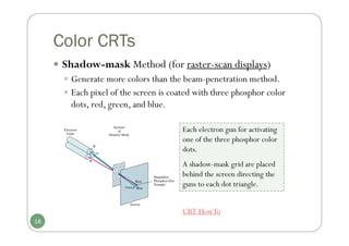 Color CRTs
 Shadow-mask Method (for raster-scan displays)
 Generate more colors than the beam-penetration method.
 Each pixel of the screen is coated with three phosphor color
dots, red, green, and blue.
18
Each electron gun for activating
one of the three phosphor color
dots.
A shadow-mask grid are placed
behind the screen directing the
guns to each dot triangle.
CRT HowTo
 