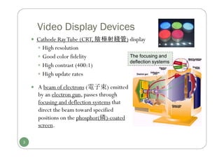 3
Video Display Devices
 Cathode RayTube (CRT, 陰極射綫管) display
 High resolution
 Good color fidelity
 High contrast (400:1)
 High update rates
The focusing and
deflection systems
 A beam of electrons (電子束) emitted
by an electron gun, passes through
focusing and deflection systems that
direct the beam toward specified
positions on the phosphor(磷)-coated
screen.
 