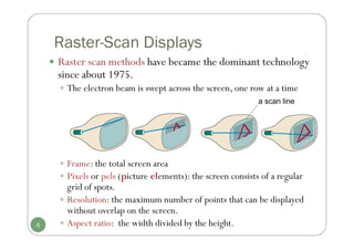 Raster-Scan Displays
 Raster scan methods have became the dominant technology
since about 1975.
 The electron beam is swept across the screen, one row at a time
 Frame: the total screen area
 Pixels or pels (picture elements): the screen consists of a regular
grid of spots.
 Resolution: the maximum number of points that can be displayed
without overlap on the screen.
 Aspect ratio: the width divided by the height.
6
a scan line
 