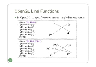OpenGL Line Functions
glBegin (GL_LINES);
glVertex2iv (p1);
glVertex2iv (p2);
glVertex2iv (p3);
glVertex2iv (p4);
glVertex2iv (p5);
glEnd ();
glBegin (GL_LINE_STRIP);
glVertex2iv (p1);
glVertex2iv (p2);
glVertex2iv (p3);
glVertex2iv (p4);
glVertex2iv (p5);
glEnd ();
p2
p1
p3
p4
p2
p1
p3
p4
p5
37
 In OpenGL, to specify one or more straight-line segments:
 