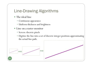 Line-Drawing Algorithms
 The ideal line
 Continuous appearance
 Uniform thickness and brightness
 Line on a raster monitor
 Screen: discrete pixels
 Digitize the line into a set of discrete integer positions approximating
the actual line path.
40
 