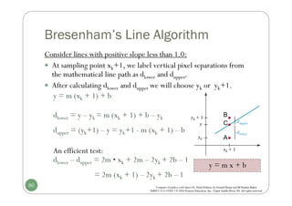 Bresenham’s Line Algorithm
Consider lines with positive slope less than 1.0:
 At sampling point xk+1, we label vertical pixel separations from
the mathematical line path as dlower and dupper.
 After calculating dlower and dupper we will choose yk or yk+1.
y = m (xk + 1) + b
dlower = y – yk = m (xk + 1) + b – yk
dupper = (yk+1) – y = yk+1 - m (xk + 1) – b
An efficient test:
dlower – dupper = 2m • xk + 2m – 2yk + 2b – 1
= 2m (xk + 1) – 2yk + 2b – 1
y = m x + b
60
A
B
C
 