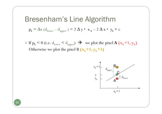 Bresenham’s Line Algorithm
pk = ∆x (dlower – dupper ) = 2 ∆ y • x k – 2 ∆ x • yk + c
 If pk < 0 (i.e. dlower < dupper)  we plot the pixel A (xk+1, yk)
Otherwise we plot the pixel B (xk+1, yk+1)
yk+1
xk+1
y
dlower
dupper
yk
62
A
B
C
 