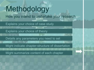 Methodology
How you intend to undertake your research

Explains your choice of case study

Explains your choice of theory

Details any parameters you need to set

Might indicate chapter-structure of dissertation
                                                   Methodolog
Might summarize content of each chapter            y
 