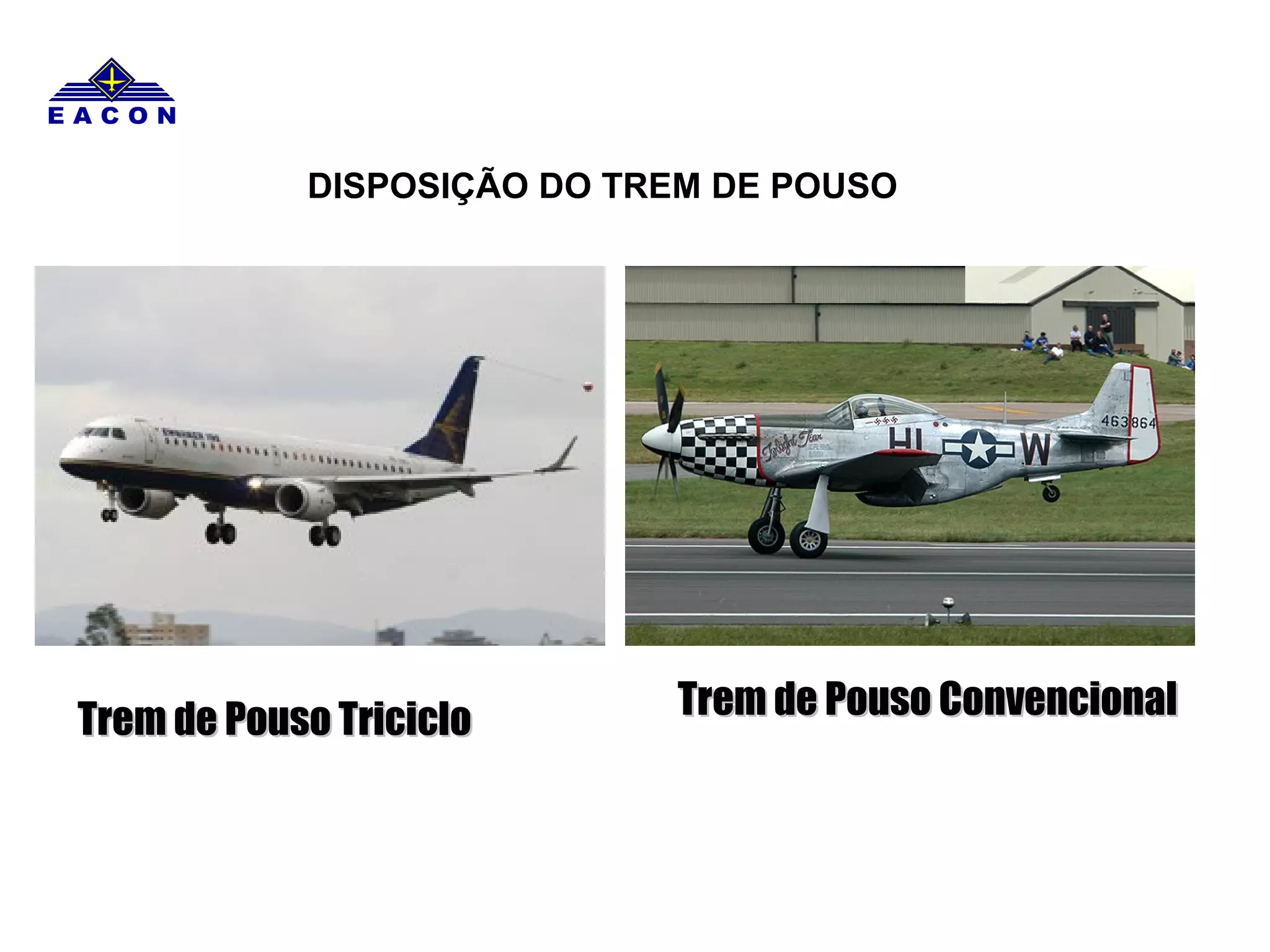 Trem de Pouso TricicloTrem de Pouso Triciclo Trem de Pouso ConvencionalTrem de Pouso Convencional
DISPOSIÇÃO DO TREM DE POUSO
 