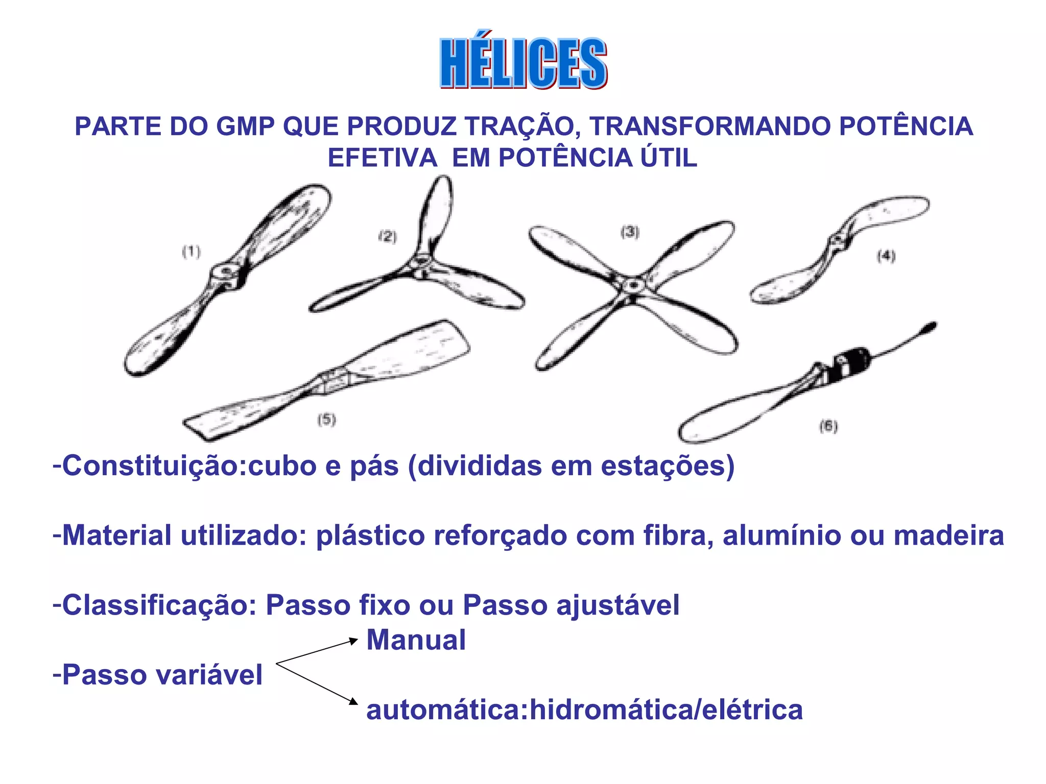 PARTE DO GMP QUE PRODUZ TRAÇÃO, TRANSFORMANDO POTÊNCIA
EFETIVA EM POTÊNCIA ÚTIL
-Constituição:cubo e pás (divididas em estações)
-Material utilizado: plástico reforçado com fibra, alumínio ou madeira
-Classificação: Passo fixo ou Passo ajustável
Manual
-Passo variável
automática:hidromática/elétrica
 