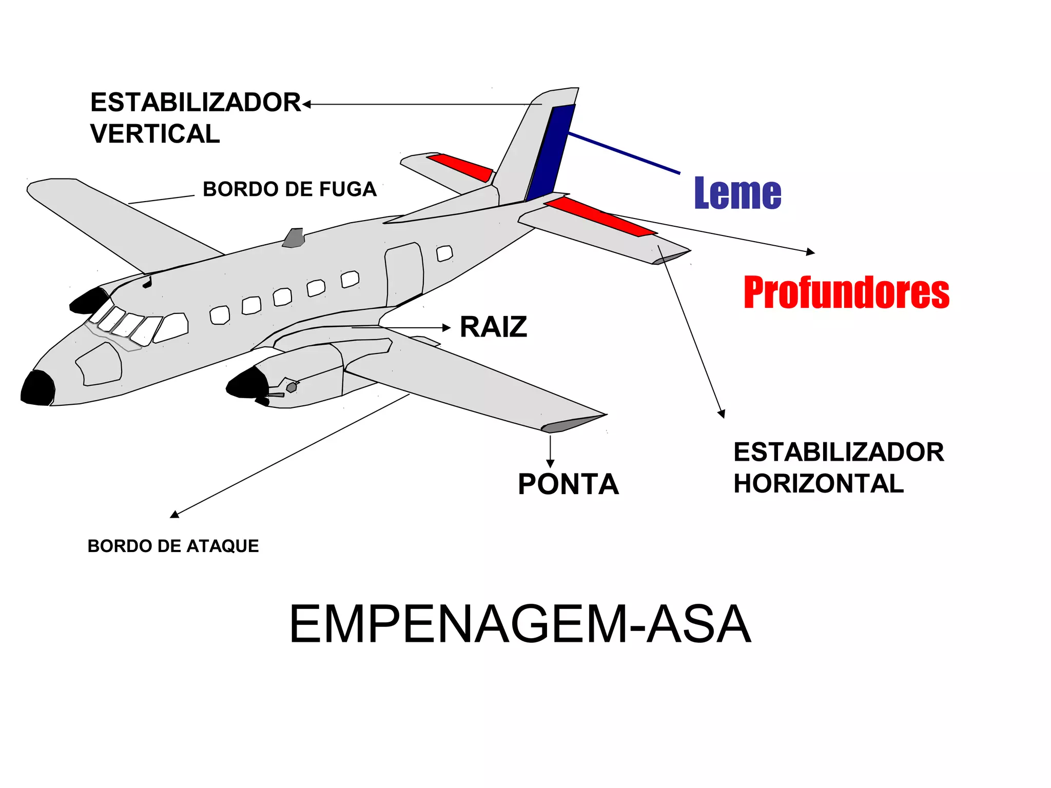 Profundores
Leme
EMPENAGEM-ASA
ESTABILIZADOR
HORIZONTAL
ESTABILIZADOR
VERTICAL
BORDO DE ATAQUE
BORDO DE FUGA
RAIZ
PONTA
 