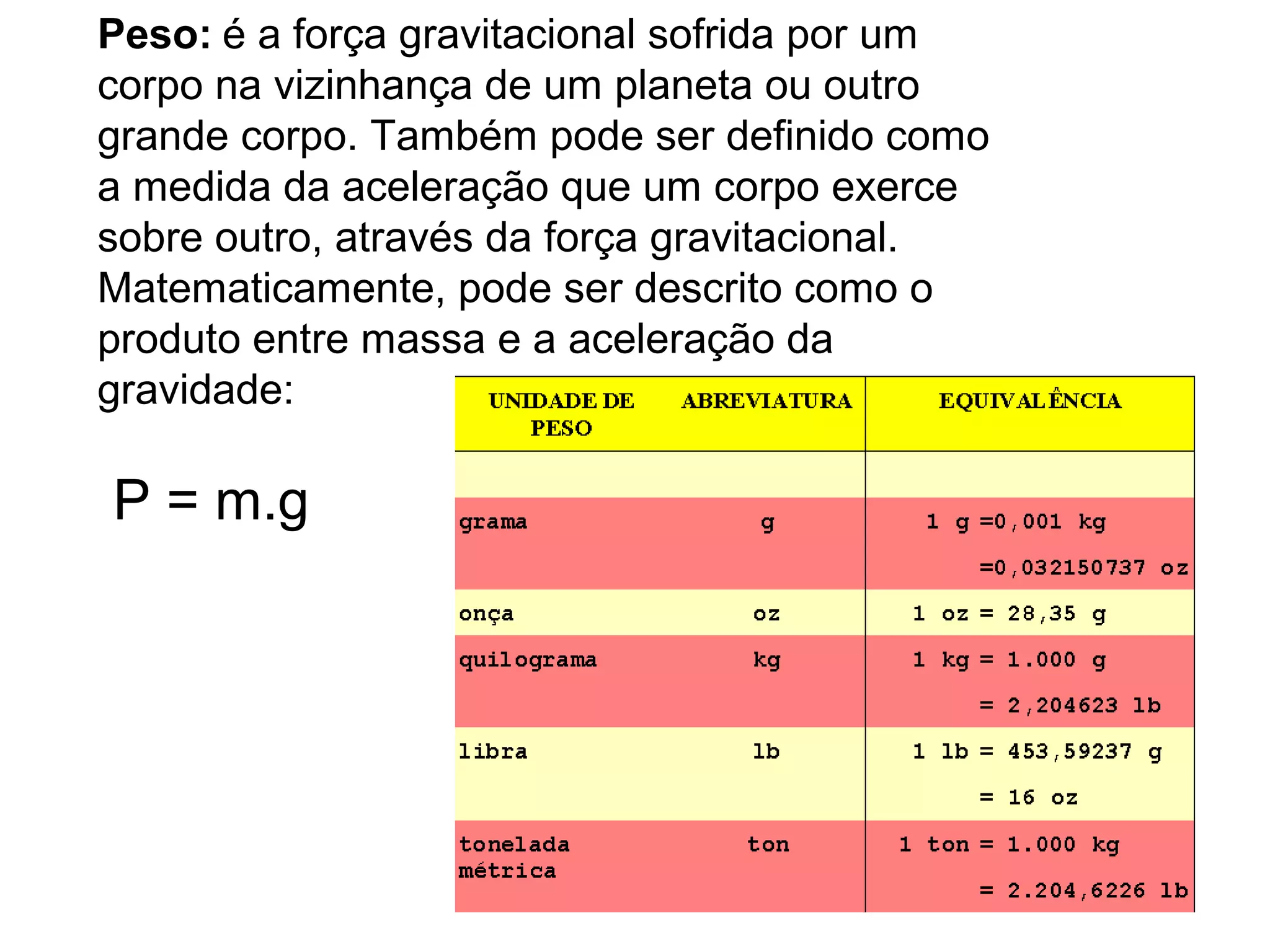Peso: é a força gravitacional sofrida por um
corpo na vizinhança de um planeta ou outro
grande corpo. Também pode ser definido como
a medida da aceleração que um corpo exerce
sobre outro, através da força gravitacional.
Matematicamente, pode ser descrito como o
produto entre massa e a aceleração da
gravidade:
P = m.g
 