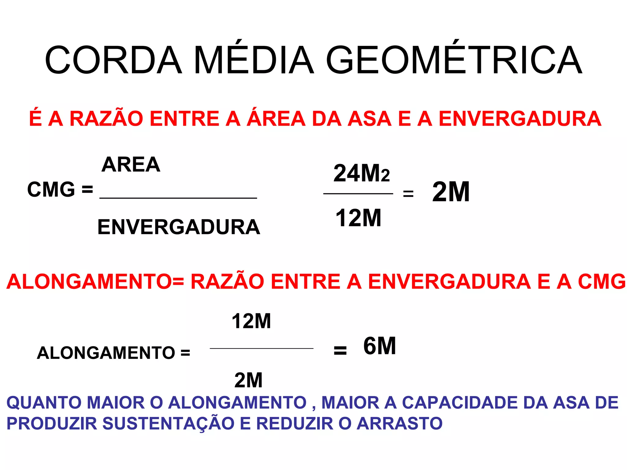 CORDA MÉDIA GEOMÉTRICA
É A RAZÃO ENTRE A ÁREA DA ASA E A ENVERGADURA
AREA
CMG = ___________________________
ENVERGADURA
24M2
________
12M
= 2M
ALONGAMENTO= RAZÃO ENTRE A ENVERGADURA E A CMG
ALONGAMENTO =
12M
2M
= 6M
QUANTO MAIOR O ALONGAMENTO , MAIOR A CAPACIDADE DA ASA DE
PRODUZIR SUSTENTAÇÃO E REDUZIR O ARRASTO
 