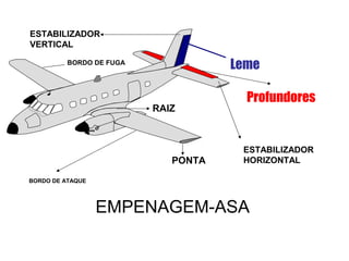 Profundores
Leme
EMPENAGEM-ASA
ESTABILIZADOR
HORIZONTAL
ESTABILIZADOR
VERTICAL
BORDO DE ATAQUE
BORDO DE FUGA
RAIZ
PONTA
 