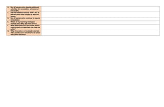 B. No. of learners who require additional
activities for remediation who scored
below 80%
C. Did the remedial lessons work? No. of
learners who have caught up with the
lesson
D. No. of learners who continue to require
remediation
E. Which of my teaching strategies
worked well? Why did these work?
F. What difficulties did I encounter which
my principal or supervisor can help me
solve?
G. What innovation or localized materials
did I use/discover which I wish to share
with other teachers?
 