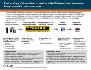 Partnerships with remittance providers like Western Union streamline
the process but have drawbacks
17
Western Union serves as the foreign exchange and settlement partner. Deployments typically use Western
Union as the sending agent but do not tap the WU agent network on the receiving end; instead, the MNO agent
network is used. A WU partnership eliminates the need to establish individual partnerships in each country of
operation, providing for faster deployment time, as well as brand and reach benefits and acknowledged
expertise in money transfer.
Funds sent from
originating country
Funds processed in
receiving country
Funds
in mWallet
Benefits of model
• mWallet provider avoids dedicating extensive resources and
time to developing and maintaining numerous partner
relationships in each corridor
• Western Union offers instant global reach and offers a trusted
brand for the mWallet provider to partner with
• Western Union handles FX and settlement of transactions with
established and professional network, provides reliability
Sender Cash-In
(variety of channels)
Sender cashes in funds
through Western Union
or mobile cash-in
• Online
• By phone call
• Direct at agent
• With an mWallet
WU accepts the
funds and initiates
the transfer
• Handles FX
WU processes the
transfer
• Handles settlement
Recipient options
• Full/partial
withdrawal from an
agent or merchant
• Can also use funds
for mWallet services
such as bill pay, etc.
Recipient receives
SMS notification
• Either from Western
Union, mWallet
provider or
remittance sender
Challenges of model
• Western Union controls fee pricing and thus can eliminate user
interest by charging high fees
• Western Union often requests exclusivity in such partnerships
and thus eliminates flexibility of a growing mWallet provider
• It is more difficult to incentivize and/or dictate ways in which
Western Union can market the product than it is with a smaller
MTO or bank
Recipient
cashes out
Source: Interviews with operators and industry experts; desk research
 
