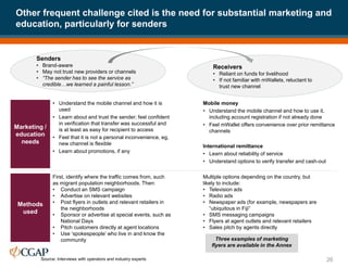 Other frequent challenge cited is the need for substantial marketing and
education, particularly for senders
26
Senders
• Brand-aware
• May not trust new providers or channels
• “The sender has to see the service as
credible…we learned a painful lesson.”
Receivers
• Reliant on funds for livelihood
• If not familiar with mWallets, reluctant to
trust new channel
Marketing /
education
needs
Methods
used
• Understand the mobile channel and how it is
used
• Learn about and trust the sender; feel confident
in verification that transfer was successful and
is at least as easy for recipient to access
• Feel that it is not a personal inconvenience, eg,
new channel is flexible
• Learn about promotions, if any
Mobile money
• Understand the mobile channel and how to use it,
including account registration if not already done
• Feel mWallet offers convenience over prior remittance
channels
International remittance
• Learn about reliability of service
• Understand options to verify transfer and cash-out
First, identify where the traffic comes from, such
as migrant population neighborhoods. Then:
• Conduct an SMS campaign
• Advertise on relevant websites
• Post flyers in outlets and relevant retailers in
the neighborhoods
• Sponsor or advertise at special events, such as
National Days
• Pitch customers directly at agent locations
• Use ‘spokespeople’ who live in and know the
community
Multiple options depending on the country, but
likely to include:
• Television ads
• Radio ads
• Newspaper ads (for example, newspapers are
“ubiquitous in Fiji”
• SMS messaging campaigns
• Flyers at agent outlets and relevant retailers
• Sales pitch by agents directly
Three examples of marketing
flyers are available in the Annex
Source: Interviews with operators and industry experts
 