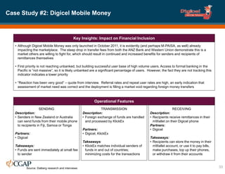 Case Study #2: Digicel Mobile Money
33
Source: Dalberg research and interviews
Key Insights: Impact on Financial Inclusion
Operational Features
• Although Digicel Mobile Money was only launched in October 2011, it is evidently (and perhaps M-PAISA, as well) already
impacting the marketplace. The steep drop in transfer fees from both the ANZ Bank and Western Union demonstrate this is a
market others are willing to fight for, which should result in continued and increased benefits for senders and recipients of
remittances themselves
• First priority is not reaching unbanked, but building successful user base of high volume users. Access to formal banking in the
Pacific is “not massive”, so it is likely unbanked are a significant percentage of users. However, the fact they are not tracking this
indicator indicates a lower priority
• “Reaction has been very good” – quote from interview. Referral rates and repeat user rates are high, an early indication that
assessment of market need was correct and the deployment is filling a market void regarding foreign money transfers
SENDING
Description:
• Senders in New Zealand or Australia
can send funds from their mobile phone
to recipients in Fiji, Samoa or Tonga
Partners:
• Digicel
Takeaways:
• Funds are sent immediately at small fee
to sender
TRANSMISSION
Description:
• Foreign exchange of funds are handled
and processed by KlickEx
Partners:
• Digicel, KlickEx
Takeaways:
• KlickEx matches individual senders of
funds in and out of countries;
minimizing costs for the transactions
RECEIVING
Description:
• Recipients receive remittances in their
mWallet on their Digicel phone
Partners:
• Digicel
Takeaways:
• Recipients can store the money in their
mWallet account, or use it to pay bills,
make purchases, top up their phones,
or withdraw it from their accounts
 
