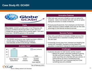 Case Study #3: GCASH
35
Source: Dalberg research and interviews
Description: GCASH provides users in the Philippines with
access to remitted funds through either a cash card or an
mWallet that can be cashed out at a partner agent. Can send
funds from +100 MTO partners in 35 countries
Facts
• The GCASH remit service was initially launched in 2004 to
provide users in the Philippines with access to
internationally remitted funds through mWallets
History
• Offer both cash card and mWallet as cash out options for
recipients. Users more familiar with cash card as an option,
easing the transition to mobile remittances
• Pursuing payroll payments from employers and short term
health insurance to attract mWallet users that can then take
advantage of international remittance services
Innovative Features
• Have refocused efforts on domestic mWallet services first,
as they believe this is essential to building critical mass in
the user base
• Increasingly moving away from unbanked and targeting the
banked and “bankable” population as they believe this
population is essential to making the model work sustainably
Success Factors
• Customer education for both sender and the recipient
• Believe the greatly overlooked challenge is gaining
the faith and trust of senders. They have all the
power and if they are unfamiliar with your service, or
partner MTOs are slow in transferring funds,
they simply won’t use it because they don’t trust
something new and unreliable
Challenges
Available Data*
0
10
20
30
GCASH
mWallets
GCASH
mWallets
have used IR
~300K
~1M
Globe Telecom
Subscribers
~29M
Users (millions)
*As of February 2012
 